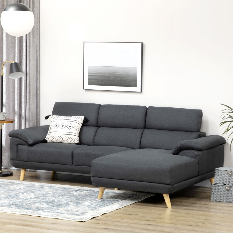 Dark Grey 3 Seater L-Shaped Sofa With Adjustable Headrest