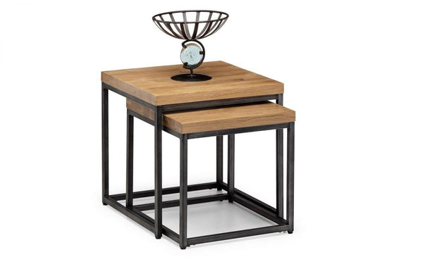 Julian Bowen Brooklyn Nesting Lamp Tables  -  Solid Oak & Gunmetal - End Tables