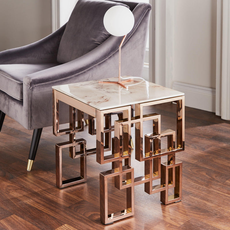 Native Lifestyle Marble Glass Rose Gold Side Table - 