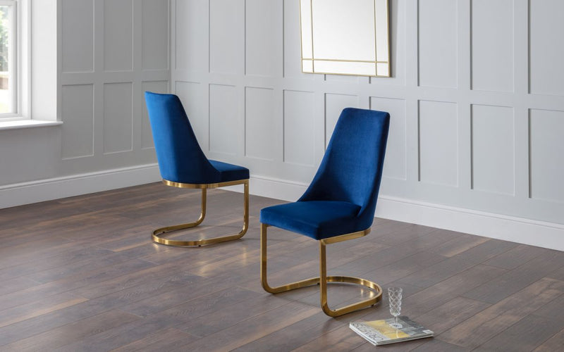Vittoria Velvet Blue Cantilever Dining Chair - Golden Metal with Blue Fabric