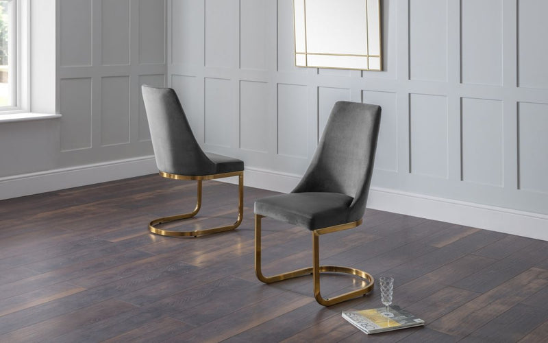 Vittoria Velvet Grey Cantilever Dining Chair - Golden Metal with Grey Fabric